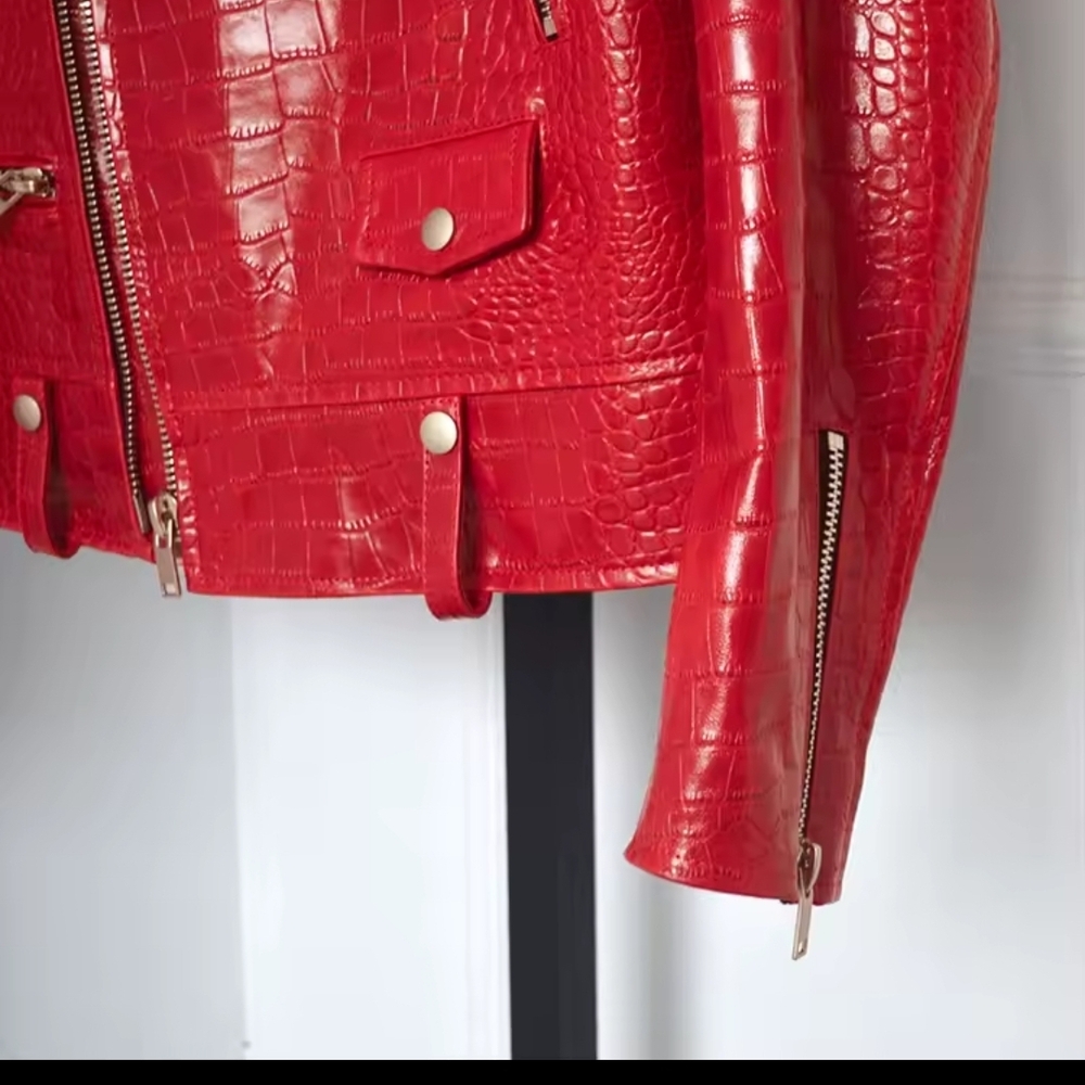 Red Croc-Embossed Leather Jacket - image 10